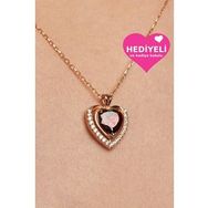 Jewelmim Kadın Kalp Kolye Kırmızı Taşlı Kalp Kolye 925 Ayar Gümüş Kalp Kolye