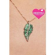 Jewelmim Yeşil Taşlı Yaprak Gümüş Kolye 925 Ayar Gümüş Yaprak Kolye