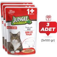 Jungle 3x100 gr Pouch Sığır Eti Parçalı Soslu Yetişkin Kedi Konservesi