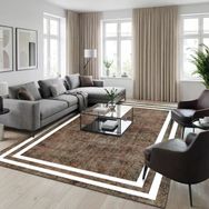 Kahverengi Beyaz Modern Salon Halısı Çerçeve Desenli Dijital Baskılı Kaymaz Tabanlı Halı Dijital