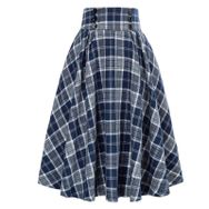 Kanpola Rockabilly A-Line Jüpon Uzun Zarif Kareli Yüksek Bel Elastik Belli Lacivert Kadın Etek