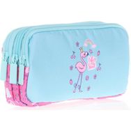 Kaukko Kids Love Turkuaz Pembe Flamingo Üç Bölmeli Kız Çocuk Kalem Çantası