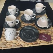 Keramika Mat Siyah Krem Mermer Desen 12 Parça Kahve Fincan Takımı