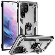Kilifplus Samsung Galaxy S22 Ultra Zırhlı Standlı Mıknatıslı Tank Kapak Gümüş Kılıf