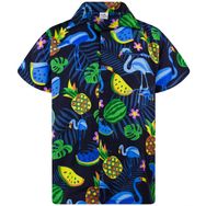 King Kameha Funky Hawaii Kısa Kol Baskılı Flamingo Kavun Siyah Mavi Erkek Gömlek