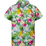 King Kameha Funky Hawaii Kısa Kol Ön Cepli Çiçek Baskılı Pineapple Flowers Açık Mavi Erkek Gömlek