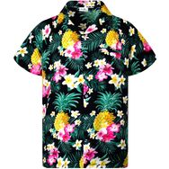 King Kameha Funky Hawaii Kısa Kol Ön Cepli Çiçek Baskılı Pineapple Flowers Siyah Erkek Gömlek