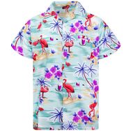King Kameha Funky Hawaii Kısa Kol Ön Cepli Flamingos Çiçek Palmiye Nane Yeşili Erkek Gömlek