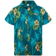King Kameha Funky Hawaii Kısa Kol Ön Cepli Flower Design Petrol Yeşili Erkek Gömlek
