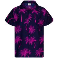 King Kameha Funky Hawaii Kısa Kol Ön Cepli Palmiye Lacivert Pembe Erkek Gömlek