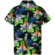 King Kameha Funky Hawaii Kısa Kol Ön Cepli Papağan Kakadu Siyah Erkek Gömlek