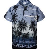 King Kameha Funky Hawaii Kısa Kol Ön Cepli Şık Çiçekli Baskılı Gri Erkek Gömlek