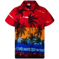 King Kameha Funky Hawaii Kısa Kol Ön Cepli Şık Çiçekli Baskılı Palmiye Kırmızı Erkek Gömlek