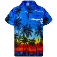 King Kameha Funky Hawaii Kısa Kol Ön Cepli Şık Çiçekli Baskılı Palmiye Mavi Erkek Gömlek