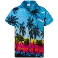 King Kameha Funky Hawaii Kısa Kol Ön Cepli Şık Çiçekli Baskılı Palmiye Turkuaz Erkek Gömlek
