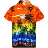 King Kameha Funky Hawaii Kısa Kol Ön Cepli Şık Çiçekli Baskılı Palmiye Turuncu Erkek Gömlek