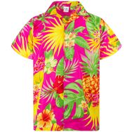 King Kameha Funky Hawaii Şık Kısa Kol Ön Cepli Mor Pineapple Pink Erkek Gömlek