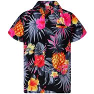 King Kameha Funky Hawaii Şık Kısa Kol Ön Cepli Pineapple Siyah Gri Erkek Gömlek