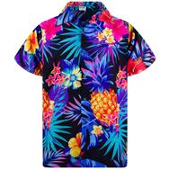 King Kameha Funky Hawaii Şık Kısa Kol Ön Cepli Pineapple Siyah Mavi Erkek Gömlek