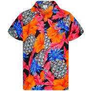 King Kameha Hawaii Kısa Kol Ön Cepli Baskılı Ananas Hibiscus Siyah Kırmızı Erkek Gömlek