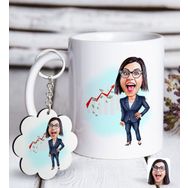 Kişiye Özel Anahtarlık ve Bayan Patron Karikatürlü Beyaz Kupa