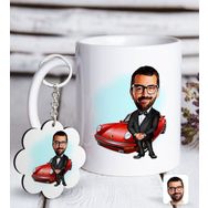 Kişiye Özel Anahtarlık ve Erkek Patron Karikatürlü Beyaz Kupa