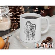 Kişiye Özel Karakalem 4 Lü Aile Karikatürlü Beyaz Kupa Bardak