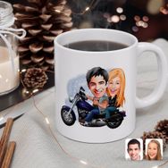 Kişiye Özel Motorcu Sevgililer Karikatürlü Beyaz Kupa Bardak