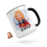 Kişiye Özel Süper Girl Karikatürlü Siyah Kupa Bardak