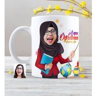 Kişiye Özel Tesettürlü Bayan Öğretmen Karikatürlü Beyaz Kupa Bardak