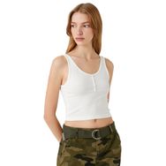 Koton 001 Kadın Kırık Beyaz Crop Atlet U Yaka Önü Düğmeli Fitilli T-shirt