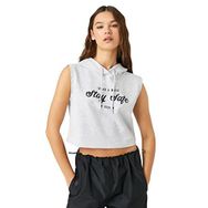 Koton 027 Kadın Gri Crop Atlet Kapüşonlu Slogan Baskılı Kolsuz T-shirt