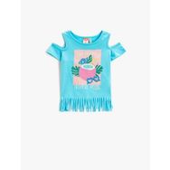 Koton 2SKG10556AK Püsküllü Baskılı Pencere Detaylı Kısa Kollu Pamuklu T-shirt