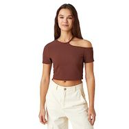 Koton 517 Kadın Crop Kısa Kollu Pencere Detaylı Bisiklet Yaka Kahvrengi T-shirt