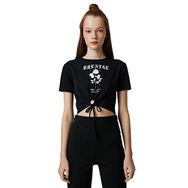 Koton 999 Kadın Siyah Crop Baskılı Pencere Detaylı Kollu T-shirt