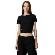 Koton 999 Kadın Siyah Crop Kollu Bisiklet Yaka Fırfır Detaylı T-shirt