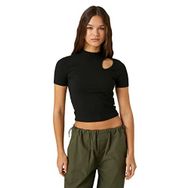 Koton 999 Kadın Siyah Crop Pencere Detaylı Dik Yaka Kısa Kollu T-shirt