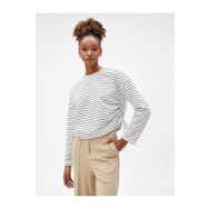 Koton Kadın Crop Sweatshirt Bisiklet Yaka Yanları Büzgülü Uzun Kollu, Ekru Çizgili, XS