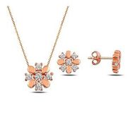 Kovac 925 Ayar Çiçek Model Rose Kaplama Zirkon Taşlı Kadın Gümüş Set