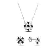 Kovac 925 Ayar Çiçek Model Siyah Zirkon Taşlı Kadın Gümüş Set
