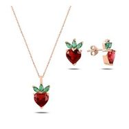 Kovac 925 Ayar Çilek&Kalp Model Rose Kaplama Zümrüt&Garnet Taşlı Kadın Gümüş Set