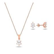 Kovac 925 Ayar Damla Model Rose Kaplama Zirkon Taşlı Kadın Gümüş Set