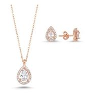 Kovac 925 Ayar Damla Tektaş Model Rose Kaplama Zirkon Taşlı Kadın Gümüş Set