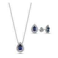 Kovac 925 Ayar Damla Tektaş Model Safir Taşlı Kadın Gümüş Set