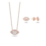 Kovac 925 Ayar Göz Tektaş Model Rose Kaplama Zirkon Taşlı Kadın Gümüş Set