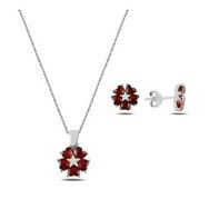 Kovac 925 Ayar Kalp Çiçek&Yıldız Model Garnet Taşlı Kadın Gümüş Set