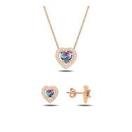 Kovac 925 Ayar Kalp Tektaş Model Rose Altın Kaplama Mistik Topaz Zirkon Taşlı Kadın Gümüş Set