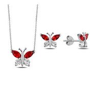 Kovac 925 Ayar Kelebek Model Kırmızı Zirkon Taşlı Kadın Gümüş Set