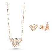 Kovac 925 Ayar Kelebek Model Rose Kaplama Zirkon Taşlı Kadın Gümüş Set