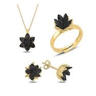 Kovac 925 Ayar Lotus Çiçeği Model Altın Kaplama Siyah Zirkon Taşlı Kadın Gümüş Set